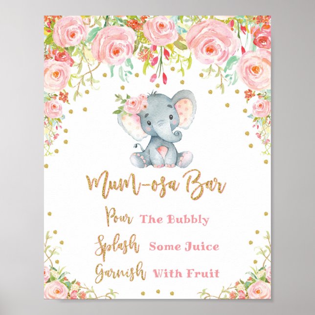 Poster Baby shower des panneaux floraux rose Mimosa Mumos (Devant)