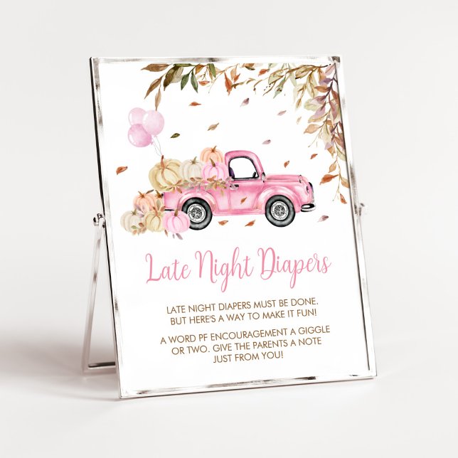 Poster Baby shower des plongeurs de nuit citrouille Pink  (Little Pumpkin Pink Truck Baby Shower Late Night Diapers Sign)