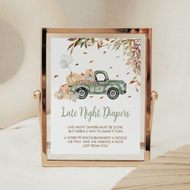 Poster Baby shower des plongeurs de nuit du Citrouille de (Little Pumpkin Green Truck Baby Shower Late Night Diapers Sign)