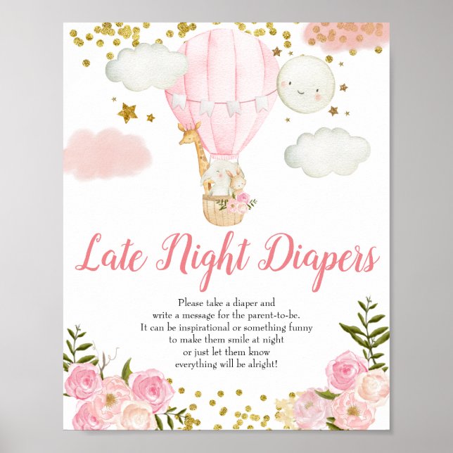 Poster Baby shower des plongeurs nocturnes à montgolfière (Devant)
