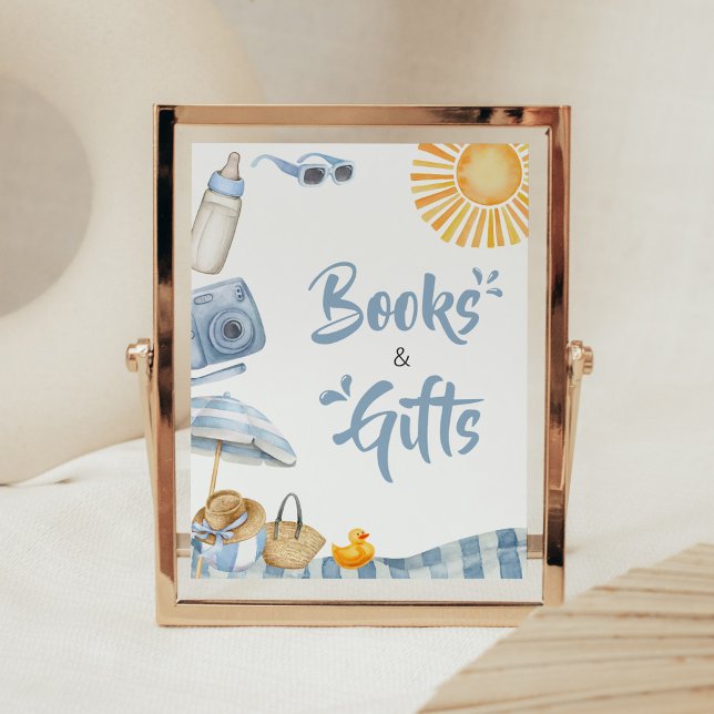Poster Baby shower d'été Blue Beach Livres et cadeaux (Boy Splish Splash Baby Shower Books and Gifts Sign)