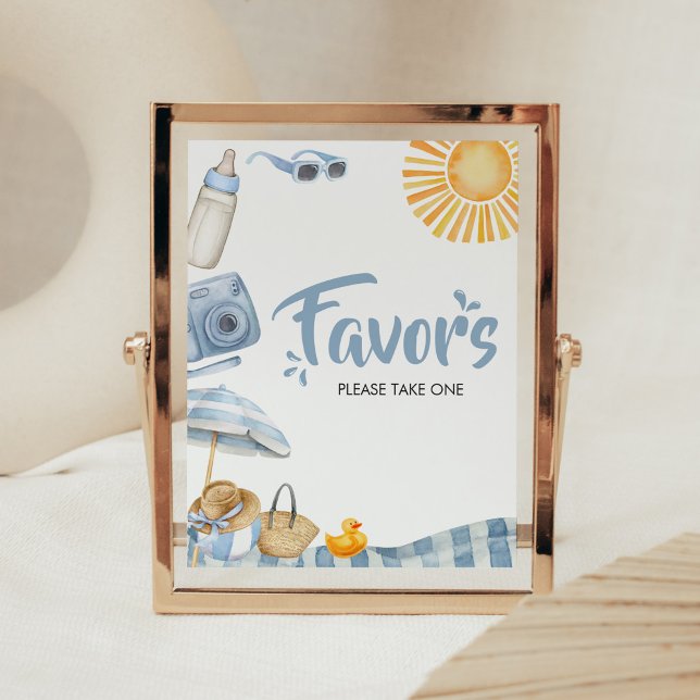 Poster Baby shower d'été de Blue Beach Privilèges (Boy Splish Splash Baby Shower Favors Sign)