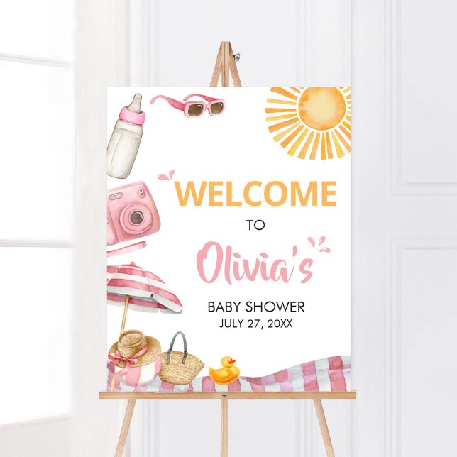 Poster Baby shower d'été de Pink Beach (Splish Splash Baby Shower Welcome Sign)