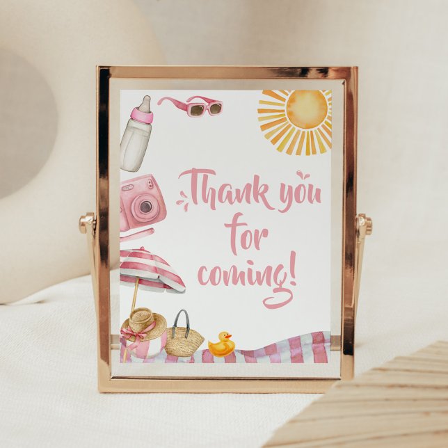 Poster Baby shower d'été de Pink Beach Merci pour venir (Splish Splash Baby Shower Thank you for Coming Sign)