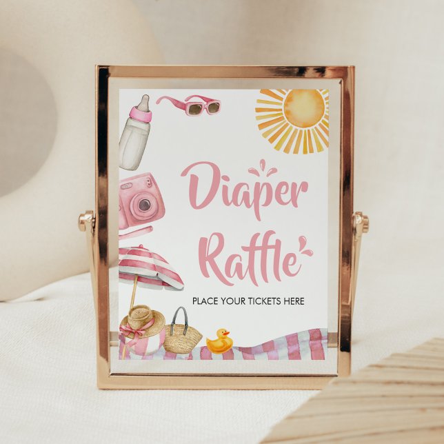 Poster Baby shower d'été de Pink Beach Raffle de couches (Splish Splash Baby Shower Diaper Raffle Sign)