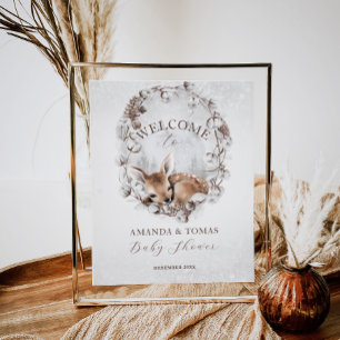 Poster Baby shower d'hiver des cerfs de bois Bienvenue