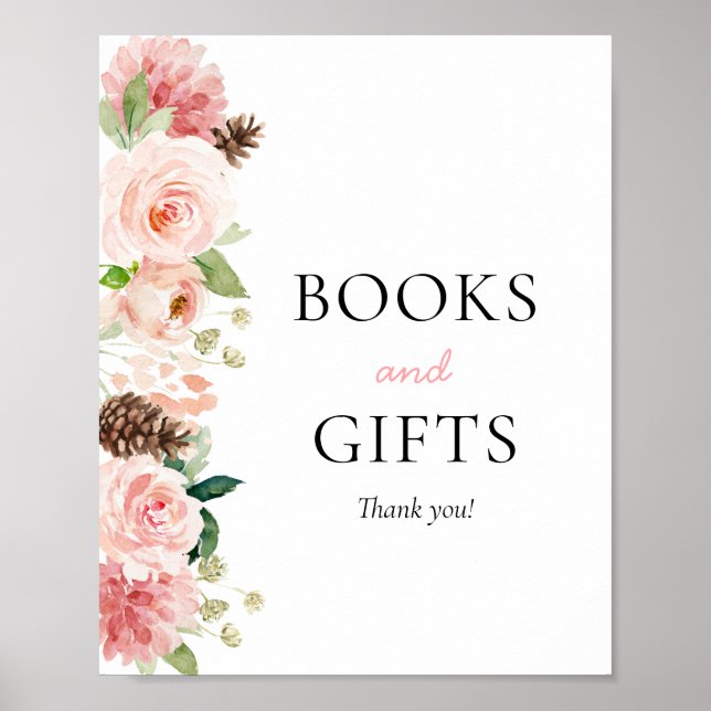 Poster Baby shower d'hiver rose Floral Livres & Cadeaux (Devant)