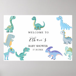 Poster Baby Shower Dinosaure Élégant Blanc