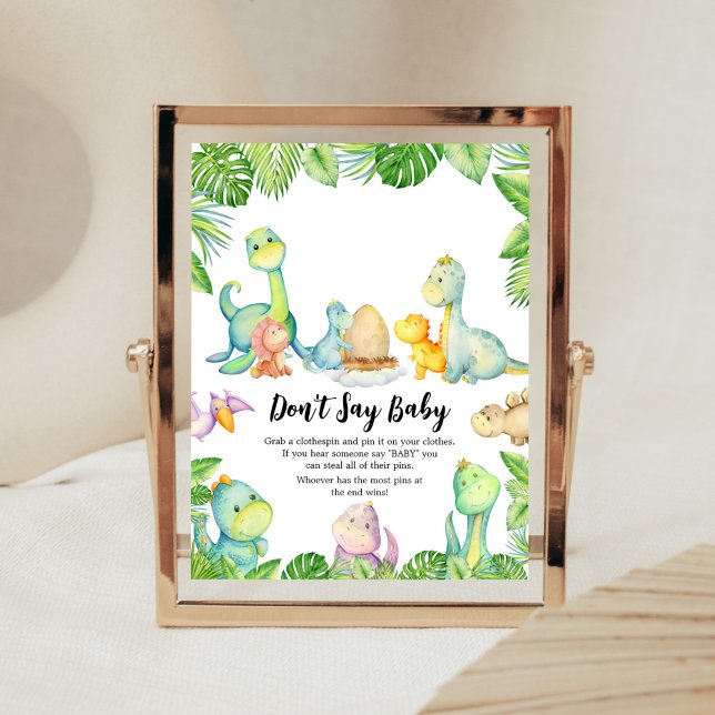 Poster Baby shower Dinosaure mignon Ne pas dire bébé (Greenery Dinosaur Baby Shower Don't Say Baby Sign)