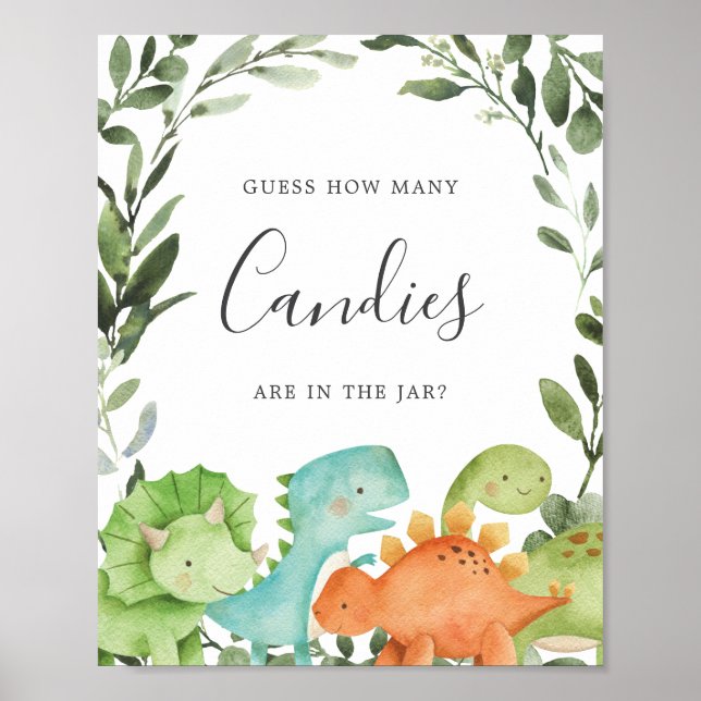 Poster Baby shower Dinosaures Devinez combien de bonbons (Devant)