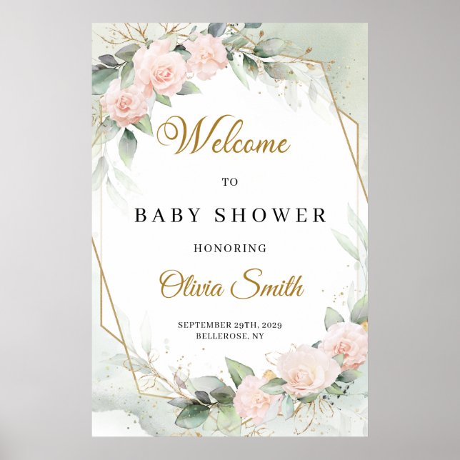 Poster Baby shower d'or d'eucalyptus rose Blush Accueil P (Devant)