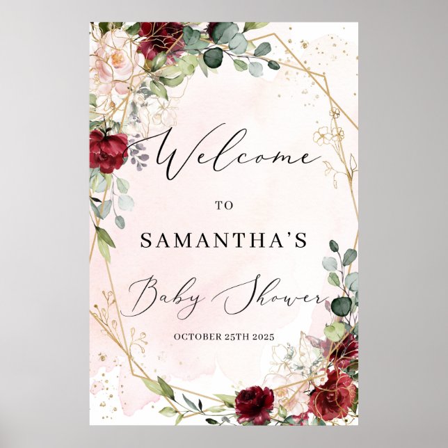 Poster Baby shower d'or fleuri bordeaux luxuriant signe d (Devant)