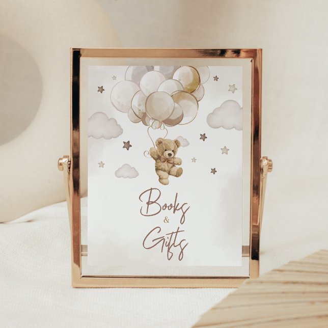 Poster Baby shower d'ours à ballets Brown Livres et cadea (Gender Neutral Bear Balloon Baby Shower Books and Gifts Sign)