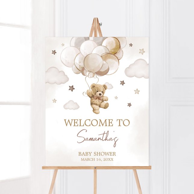 Poster Baby shower d'ours à ballon Brown (Gender Neutral Bear Balloon Baby Shower Welcome Sign)