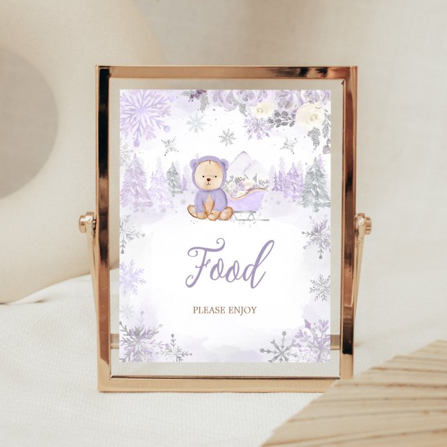 Poster Baby shower d'ours d'hiver pourpre (Purple Teddy Bear Baby Shower Food Sign)