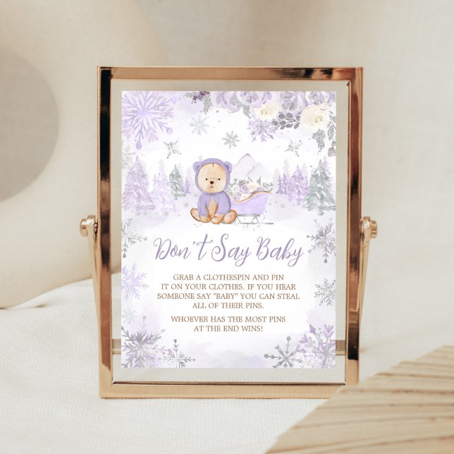 Poster Baby shower d'ours d'hiver pourpre ne pas dire béb (Purple Teddy Bear Baby Shower Don't Say Baby Sign)