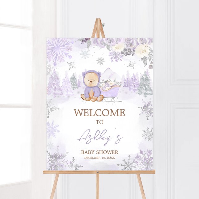 Poster Baby shower d'ours d'hiver violet Bienvenue (Purple Teddy Bear Baby Shower Welcome Sign)