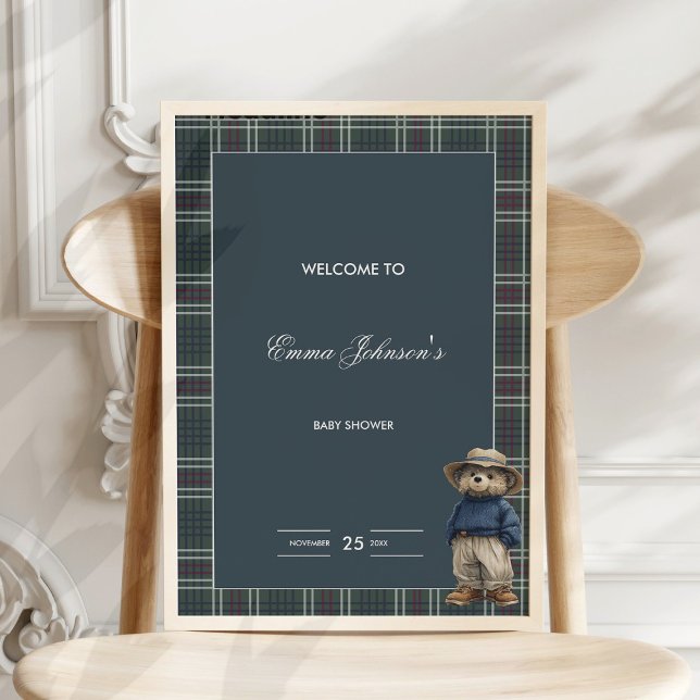 Poster Baby shower d'ours rustique Tartan (Créateur téléchargé)