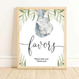 Poster Baby shower éléphant favorise signe vert or