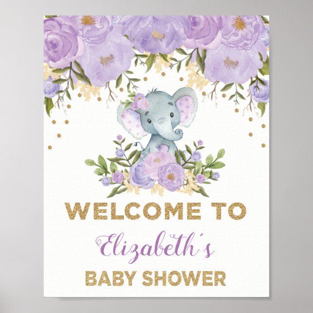 Poster Baby shower Eléphant Floral Purple Gold Bienvenue (Devant)