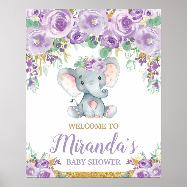 Poster Baby shower Eléphant Floral Violet Bienvenue (Devant)