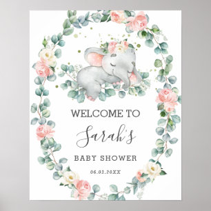 Poster Baby shower éléphant Flore verdure Bienvenue