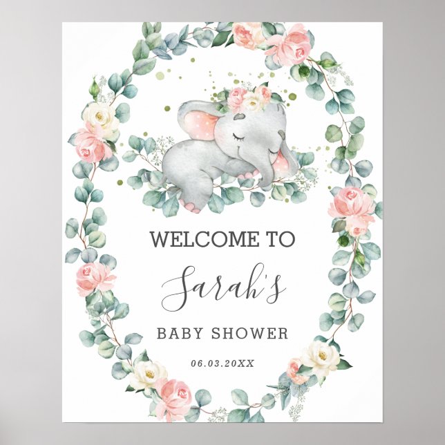 Poster Baby shower éléphant Flore verdure Bienvenue (Devant)