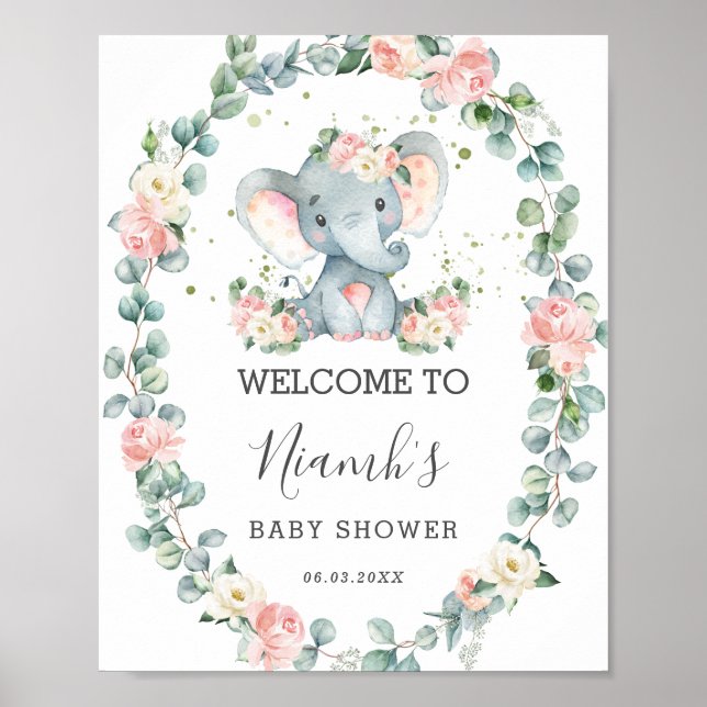 Poster Baby shower éléphant Flore verdure Bienvenue (Devant)