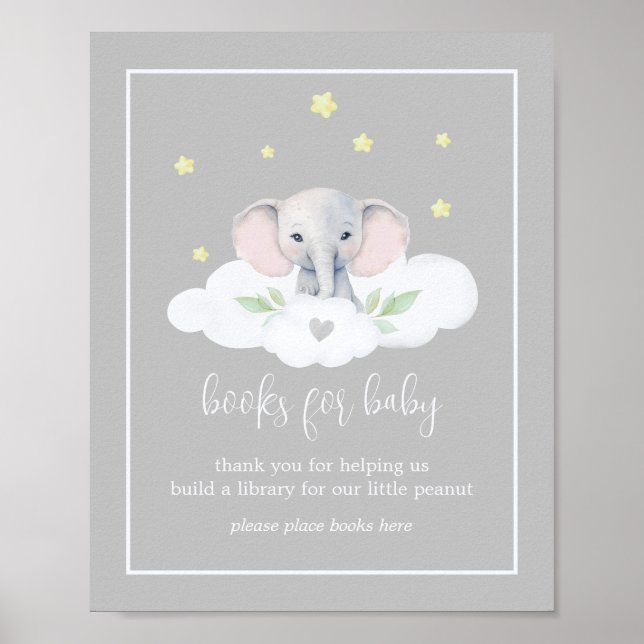 Poster Baby shower éléphant gris Livres pour bébé (Devant)