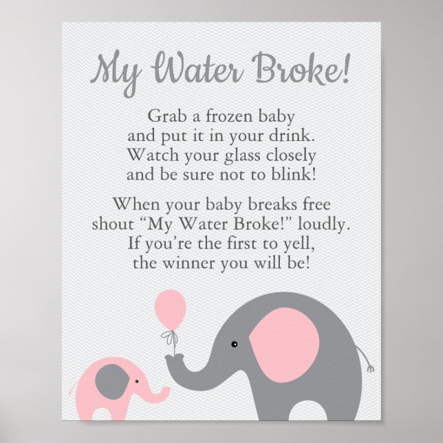 Poster Baby shower Eléphant Rose Mon Eau Broché Jeu (Devant)