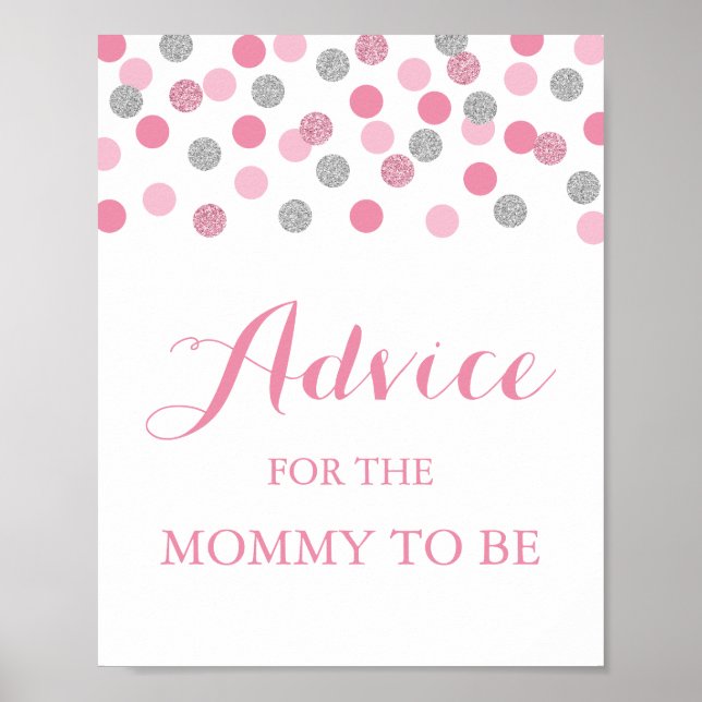 Poster Baby shower en argent rose Conseils pour la maman  (Devant)