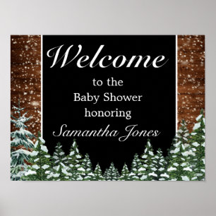 Poster Baby shower en bois neigeux et pin forestier Affic