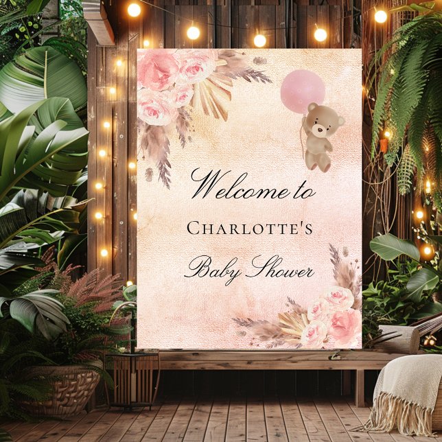 Poster Baby shower en peluche ours pampas herbe rose rous (Créateur téléchargé)