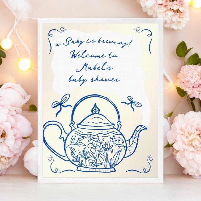 Poster Baby shower en théière bleu rétro bienvenue (Retro blue bows teapot baby shower welcome poster)