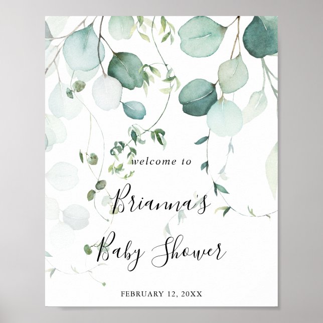 Poster Baby shower Été Vert Eucalyptus Feuille Bienvenue (Devant)