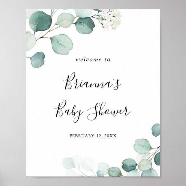 Poster Baby shower Été Vert Eucalyptus Feuille Bienvenue (Devant)