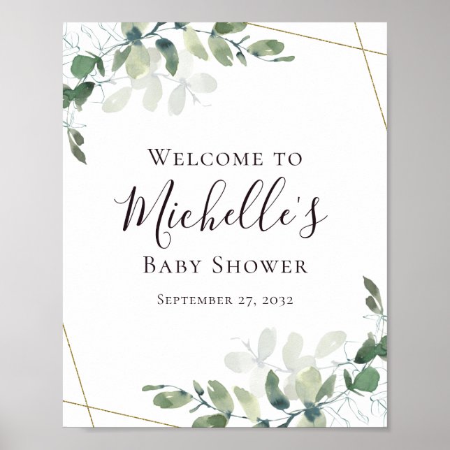 Poster Baby shower Eucalyptus Gold Parties scintillant Bi (Devant)