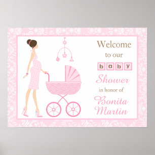 Poster Baby shower femme femme rose Damask Brunette