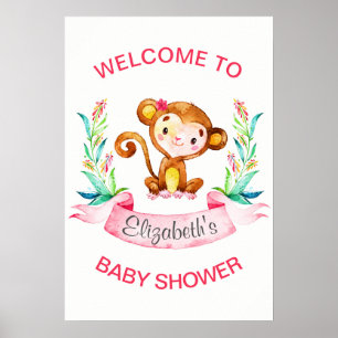 Poster Baby shower fille singe aquarelle