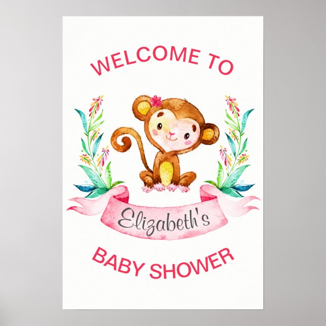 Poster Baby shower fille singe aquarelle (Devant)