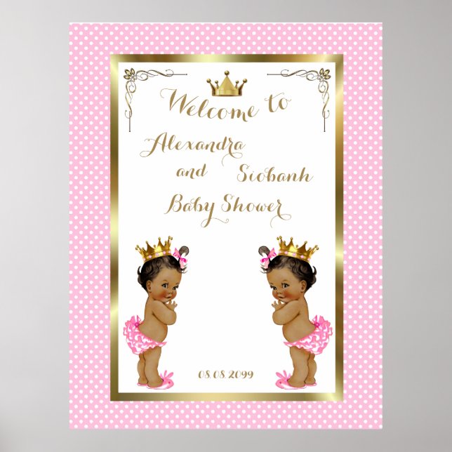 Poster Baby shower filles TWINS, rose, élégant,40x52 300p (Devant)