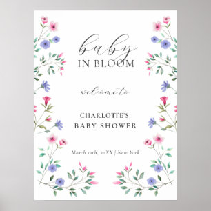 Poster Baby shower Fleur sauvage Baby In Bloom Bienvenue