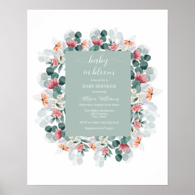 Poster Baby shower fleur sauvage bleu Dusty (Devant)