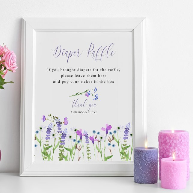 Poster Baby shower Fleur sauvage de  de calfeuil violet (Baby Shower Diaper Raffle sign from my Purple Wildflower Collection. Order printed or as a printable)