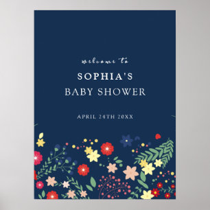 Poster Baby shower Fleur sauvage élégant bleu marine Bien