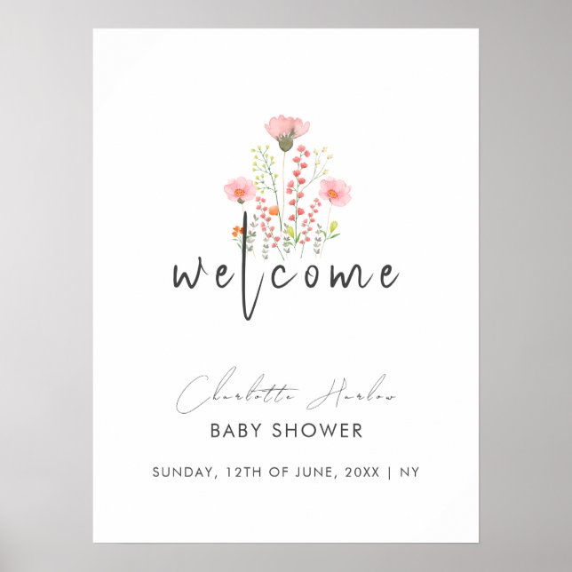 Poster Baby shower Fleur sauvage moderne élégant Accueil (Devant)