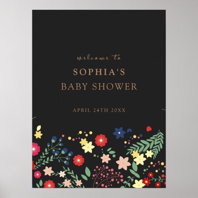 Poster Baby shower Fleur sauvage noir élégant Bienvenue (Devant)