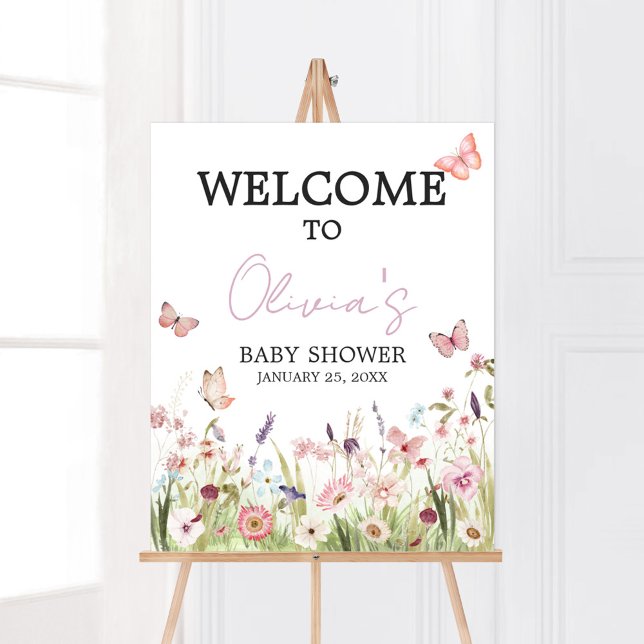 Poster Baby shower Fleur sauvage petit papillon Bienvenue (Wildflower Little Butterfly Baby Shower Welcome Sign)