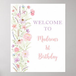 Poster Baby shower Fleur sauvage rose Pastel Accueil