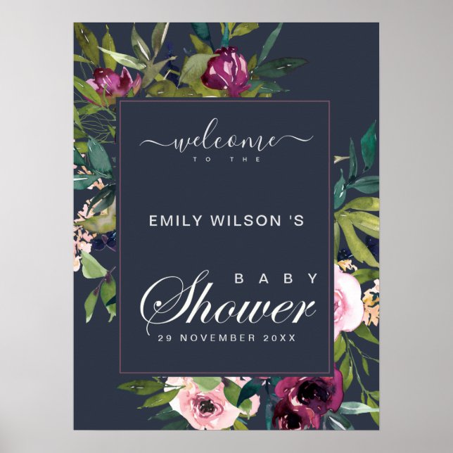 POSTER BABY SHOWER FLEURI BURGUNDY MARINE BIENVENUE (Devant)